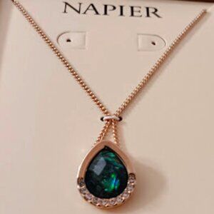 NAPIER Contemporary Gold Blue-Green + Clear Crystal Pear Shaped Pendant Necklace